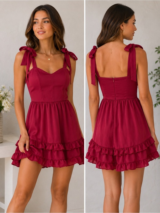 Lucy in the Sky Dresses & Skirts - Lucy in the Sky Burgundy Wine Tie Strap Ruffle Mini Dress M Wedding Guest Party